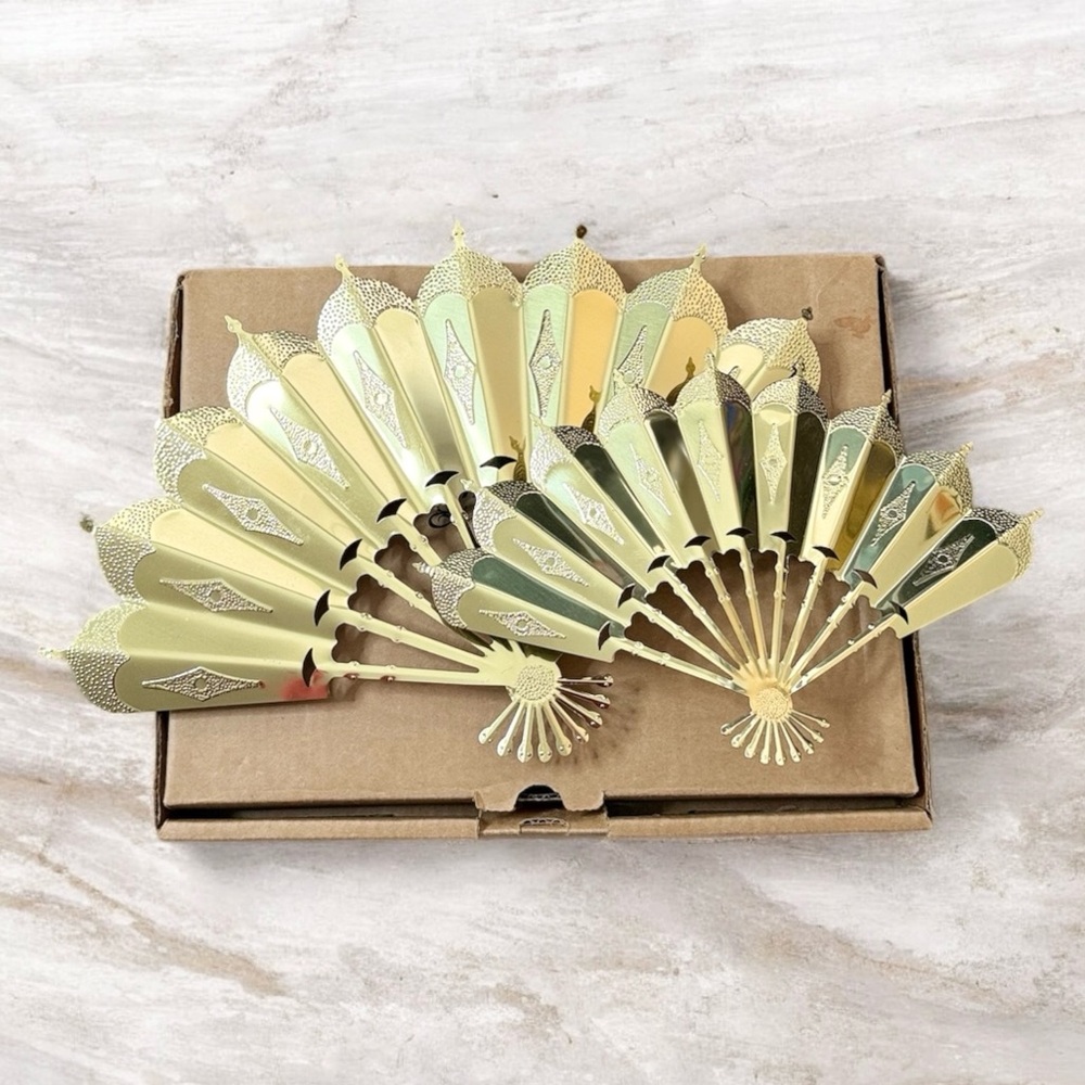 2 Home Interiors Vintage Brass Fans Decorative Ornate Embossed Gold MCM USA New